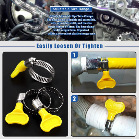 adjustable hose clamps set with key type worm gear, ideal for plumbing and automotive use, shown with yellow plastic handle
