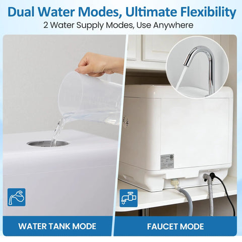 Compact Countertop Dishwasher Packing 152 Oz Water Tank And Six Wash Cycles showing dual water modes, tank and faucet options.