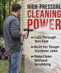 Person using a pressure washer on siding, showcasing AR 2600 PSI Pressure Washer Pump Replacement Two Point Two GPM 7 8 Inch Shaft 3 Bolt Pattern 7 11 16 By 6 3 16 By 6 7 16 Inches Fits Sears Craftsman 580752501 580752521.