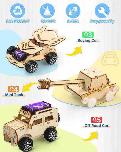 Five In One STEM Car Kit Set For Kids Ages 8 To 12 Wooden 3D Puzzle Model Cars Racing Car, Mini Tank, Off Road Car