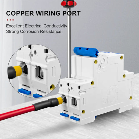 Close-up of DC Miniature Circuit Breaker Two Pole 1000V For Solar PV System Din Rail Mount 63A with copper wiring port.