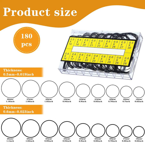 180 Pcs Watch Gasket O Ring Kit With 18 Sizes Waterproof Rubber Seals for back case repair, sizes 16-30 mm shown in box