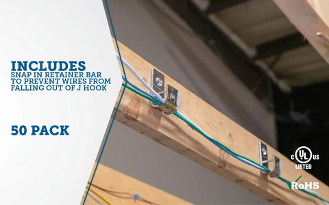 Two Inch Cable Support J Hook For Data Cabling, Holds Up To 80 Cat 5E Wires, Zinc Plated Steel shown with cables in use