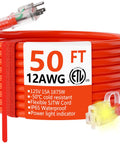 Heavy Duty Outdoor Extension Cord 50 Ft 12/3 Gauge 12 AWG SJTW Waterproof With Lighted End coiled with label, orange ETL Listed