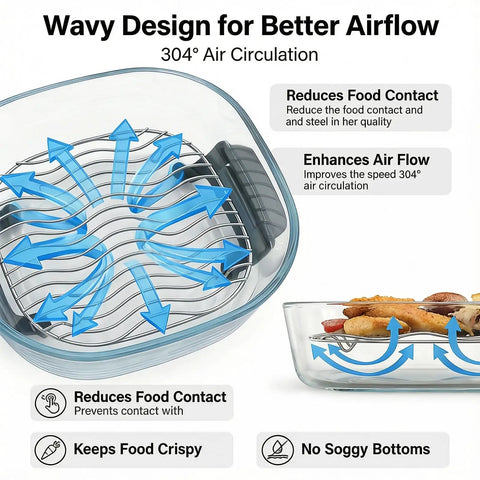 Wavy design stainless steel crisper rack showcasing airflow for Ninja Crispi air fryer, enhancing cooking and preventing sogginess.