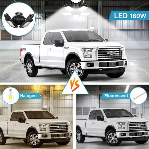 Two Pack LED Garage Light With Six Plus One Deformable Panels 160W 16000LM 6500K Cool White Crazy Bright Ceiling Shop Light illuminating a garage with a white truck, compared to halogen and fluorescent lighting.