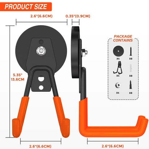 Diagram of 4 Pack Heavy Duty Magnetic Hooks For Garage And Home, Big 66mm Magnets With Anti Slip Coating showing dimensions and contents.
