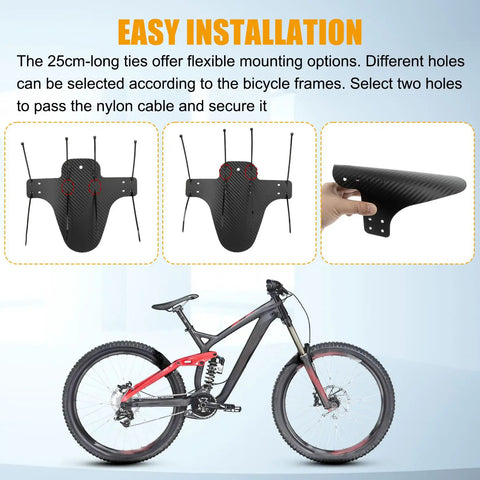 Universal Mountain Bike Mud Guards Front And Rear Set with 12 Ties and Adjustable Forks shown with installation features.
