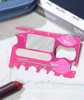 Dope 20-In-1 Multitool Card With Mirror And Nail File, Bottle Opener, Can Opener, Hex Nuts Size #2-#12, Pink on table