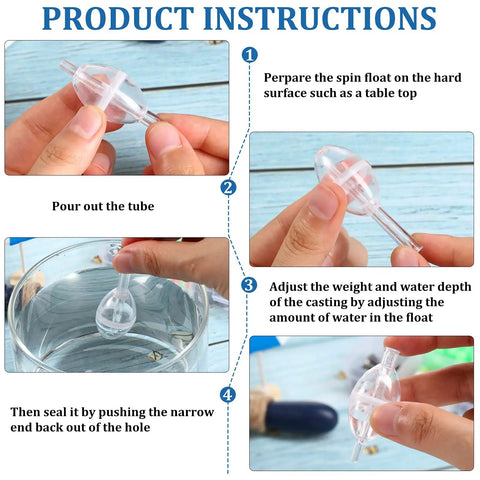 50 Pieces Spin Floats Fishing Bobbers Set instructions showing hands holding transparent floats for freshwater fishing