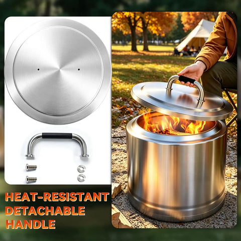 Round 19.5 Inch Fire Pit Lid For Bonfire 2.0 And 1.0 Smokeless Pits 304 Stainless Steel With Heat Resistant Handle shown on fire pit
