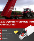 12V DC Double Acting Hydraulic Pump Power Unit With 6 Quart Tank for lifting trailers, image of pump with red trailer