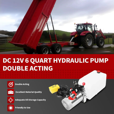 12V DC Double Acting Hydraulic Pump Power Unit With 6 Quart Tank for lifting trailers, image of pump with red trailer