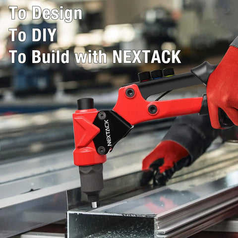 Heavy Duty Pop Rivet Gun Tool Kit With 360 Degree Swivel Head For Tight Spaces Includes 200 Aluminum Rivets shown in use on metal.