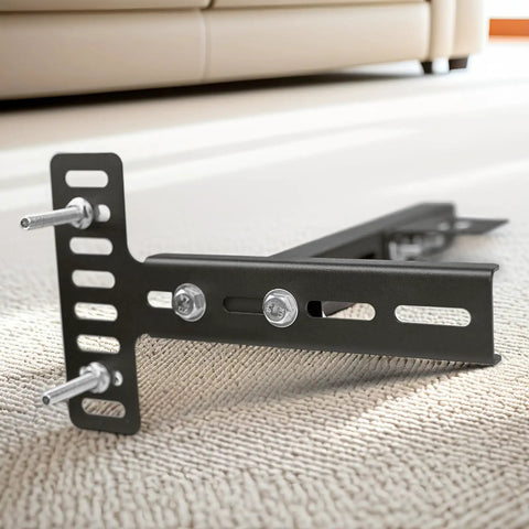 Built Tough Adjustable Headboard Brackets 2 Pack Expandable Steel Bed Frame Hardware Kit with mounting screws on carpet.