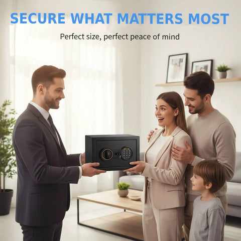 Family receiving Compact Home Safe With Alarm System, suitable for cash and jewelry, ideal for dorm rooms and small apartments.