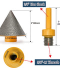 Diamond Countersink Chamfer Bit For Tile Marble Granite 48mm Beveling Drill Bit To Enlarge Shape And Trim Existing Holes Five-Eighth Inch Thread Three-Eighth Inch Hex Shank Pro Grade Heavy-Duty Yellow Tool with dimensions and thread details.