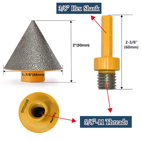 Diamond Countersink Chamfer Bit For Tile Marble Granite 48mm Beveling Drill Bit To Enlarge Shape And Trim Existing Holes Five-Eighth Inch Thread Three-Eighth Inch Hex Shank Pro Grade Heavy-Duty Yellow Tool with dimensions and thread details.