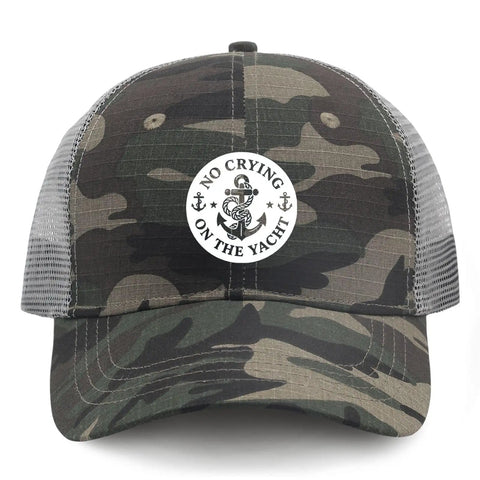 No Crying On The Yacht Women's Breathable Outdoor Trucker Hat with adjustable strap, camouflage design, mesh back