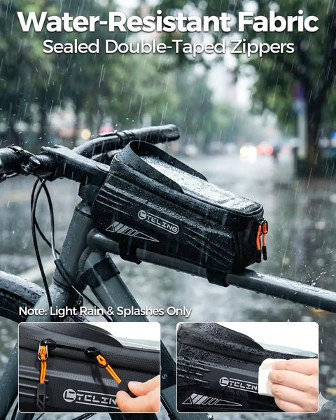 Ridiculously Handy 2L Bike Front Frame Bag with water-resistant fabric mounted on a bike, highlighting sealed zippers in rain.