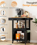 Slick Rolling Kitchen Cart With Microwave Stand And Storage Cabinet And Drawer, compact coffee cart featuring a solid wood countertop.