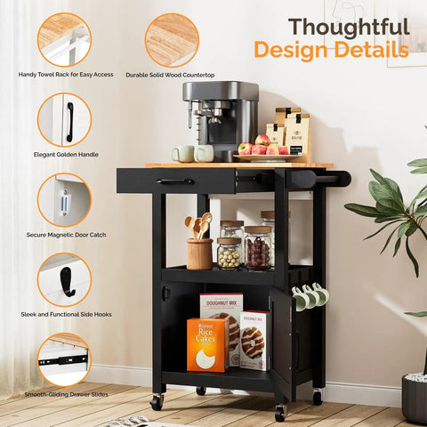 Slick Rolling Kitchen Cart With Microwave Stand And Storage Cabinet And Drawer, compact coffee cart featuring a solid wood countertop.