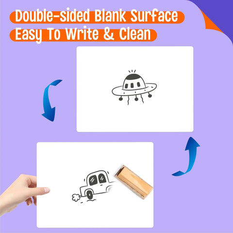 Eight Pack Small Whiteboards Set With Double Sided Dry Erase Surfaces 12 By 9 Inches showing drawings of UFO and car with eraser