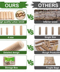 Comparison of Ours vs Others showing Assorted 230 Pack 1/4 5/16 3/8 Inch Premium Fluted Wood Dowel Pins For Nailed It Joints.