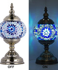 Handmade Turkish Mosaic Table Lamp With Boho Moroccan Glass Bead Globe shown on and off, antique bronze base, 11'' high