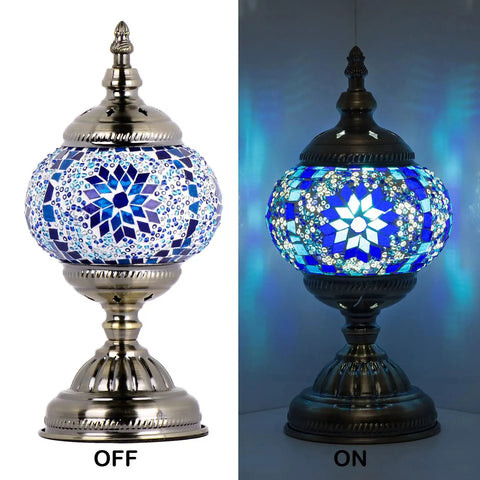 Handmade Turkish Mosaic Table Lamp With Boho Moroccan Glass Bead Globe shown on and off, antique bronze base, 11'' high