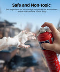 Person spraying foam from a red aerosol can labeled as safe and non-toxic, with text in the background highlighting environmental friendliness.