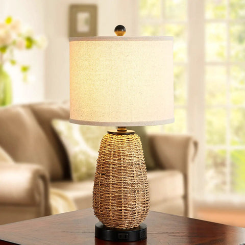 Rattan Style Table Lamps Set Of 2 With Touch Dimming 3 Way Brightness USB Ports And AC Outlet Nightstand Lamps displayed