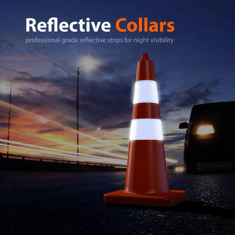 Heavy Duty 28 Inch Traffic Safety Cones Set Of 6 With Handles High Visibility Orange With Reflective Collars at night on road