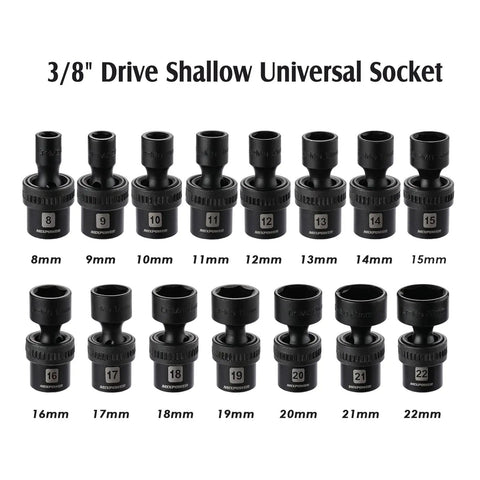 Shallow Universal Impact Socket Set Built Tough 3/8 Inch Drive, CR-MO Steel, 6 Point, 8-22mm Flexible Wobble Swivel, Black Finish