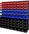 90 Piece Wall Mounted Plastic Storage Bins Organizer For Screws Nuts Bolts Nails Beads And Small Hardware Parts In Garage Or Shop Durable Multi Section Rack With Easy Mounting In Red Blue And Black. Visible: front view of rack with bins in rows.