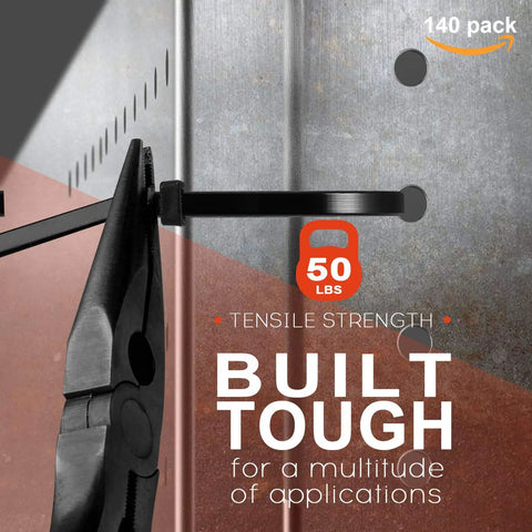 Close-up of All-In-One Zip Tie Adhesive Mount Kit with 140 Pack showing tensile strength and application with pliers.