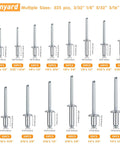 Assorted sizes of the Aluminum Pop Rivets Kit With 525 Pcs Assorted Blind Rivets Set Dome Head for DIY projects and repairs.
