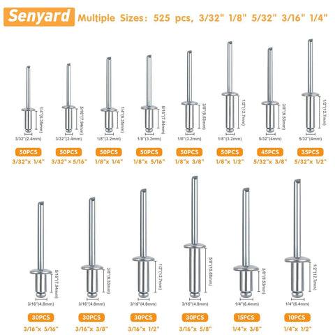 Assorted sizes of the Aluminum Pop Rivets Kit With 525 Pcs Assorted Blind Rivets Set Dome Head for DIY projects and repairs.