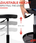 Rolling Mechanic Shop Stool With Magnetic Tool Tray showing adjustable height lever from 15.7 to 21 inches