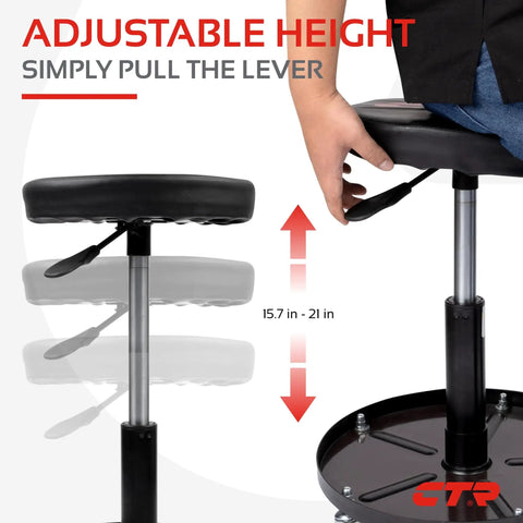 Rolling Mechanic Shop Stool With Magnetic Tool Tray showing adjustable height lever from 15.7 to 21 inches