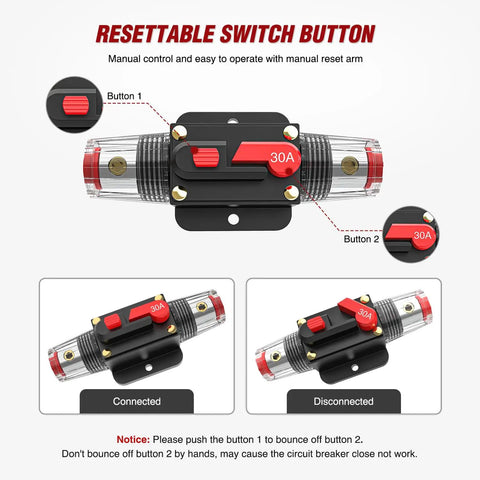 Diagram showing 30A Inline Circuit Breaker Resettable 12-24V DC Manual Reset Fuse Holder with connected and disconnected states.