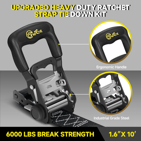 Upgraded 4 Piece Ratchet Strap Tie Down Kit With Beefy Padded Handles Coated S Hooks And Safety Clips Includes 18 Inch Soft Loop Tie Downs Plus 10 Foot Straps In 1.6 Inch Width For Heavy Duty Load Control And 6000 Lb Break Strength