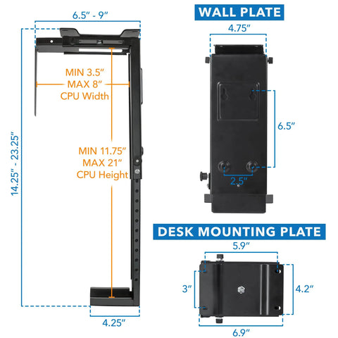 Heavy Duty Under Desk Computer Tower Holder With Slick Swivel Design And Generous Adjustable Fit dimensions detailed diagram
