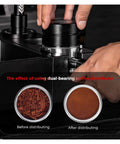 Get The Most Out Of Your Home Machine With This Slick Dual Bearing Espresso Distributor Compatible With Breville Barista And IKAPE Portafilters In 51 54 58 Mm Sizes, showing coffee grind before and after use.