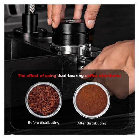 Get The Most Out Of Your Home Machine With This Slick Dual Bearing Espresso Distributor Compatible With Breville Barista And IKAPE Portafilters In 51 54 58 Mm Sizes, showing coffee grind before and after use.