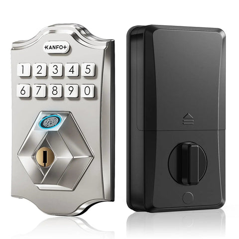 KS2 Fingerprint Keyless Entry Deadbolt With Keypad Smart Lock For Front Door in satin nickel, showing keypad and fingerprint scanner.