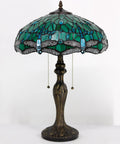 Tiffany Style Stained Glass Table Lamp With Green Dragonfly Shade, 16 Inch Wide, 24 Inch Tall, Antique Bronze Base, Pull Chain