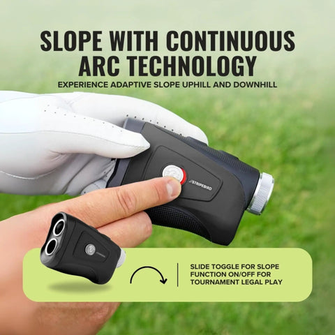 Golfer holding Pro Tour Golf Rangefinder With Slope Technology And Flag Pole Lock Ultra Strength Magnet Laser Range Finder For Accurate Yardage On The Course Black For Precise Readouts Every Time