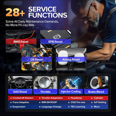28+ service functions with MX808S Bidirectional OBD2 Diagnostic Scanner, featuring full systems coverage and faster diagnostics.