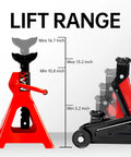 Lift range chart for Beefy 2 Ton Hydraulic Low Profile Trolley Floor Jack With Blow Mold Carrying Case And 1 Pair 2 Ton Jack Stands